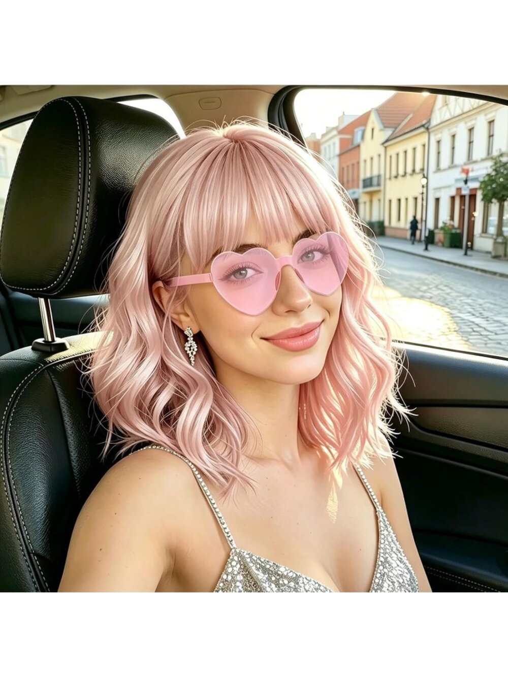 Women's Light Pink Curly Bob Synthetic Wigs Bangs With Neon Heart Sunglasses
